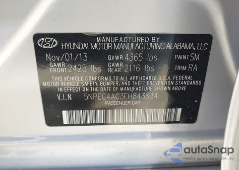 2014 Hyundai Sonata Se из США, поврежденный, VIN 5NPEC4AC3EH843634